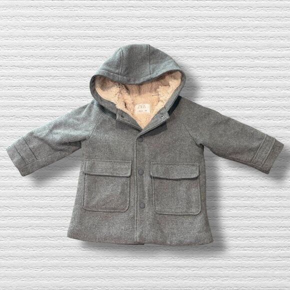 Zara Kids 2-3 Years Hooded Coat Gray Wool Blend Faux Shearling Lined Jacket 98cm - Picture 1 of 5